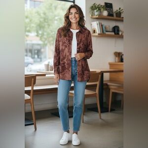 Soft Surroundings Brown Toile Print Suede-Like Button Shirt LT‎